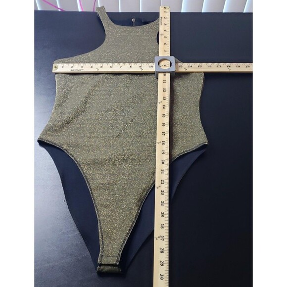 AllSaints Bodysuit Womens 6 Gold Metallic High Neck Racerback Zip Back Shimmer - Picture 7 of 9